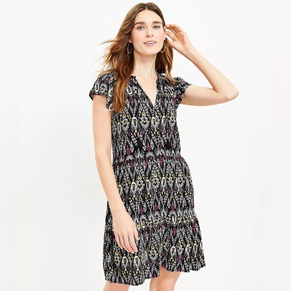 LOFT Ikat Tie Neck Swing Dress - Picture 2 of 5